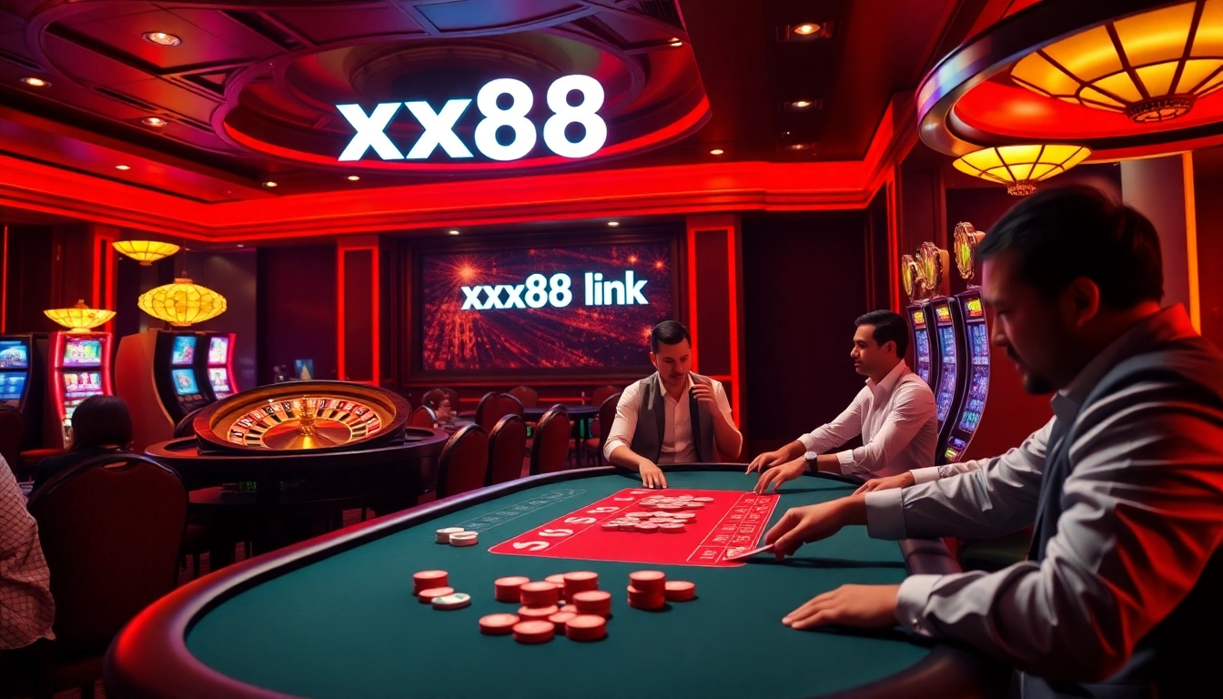Discover the thrilling atmosphere at a casino featuring the xx88 link with poker tables, roulette wheels, and vibrant slot machines.