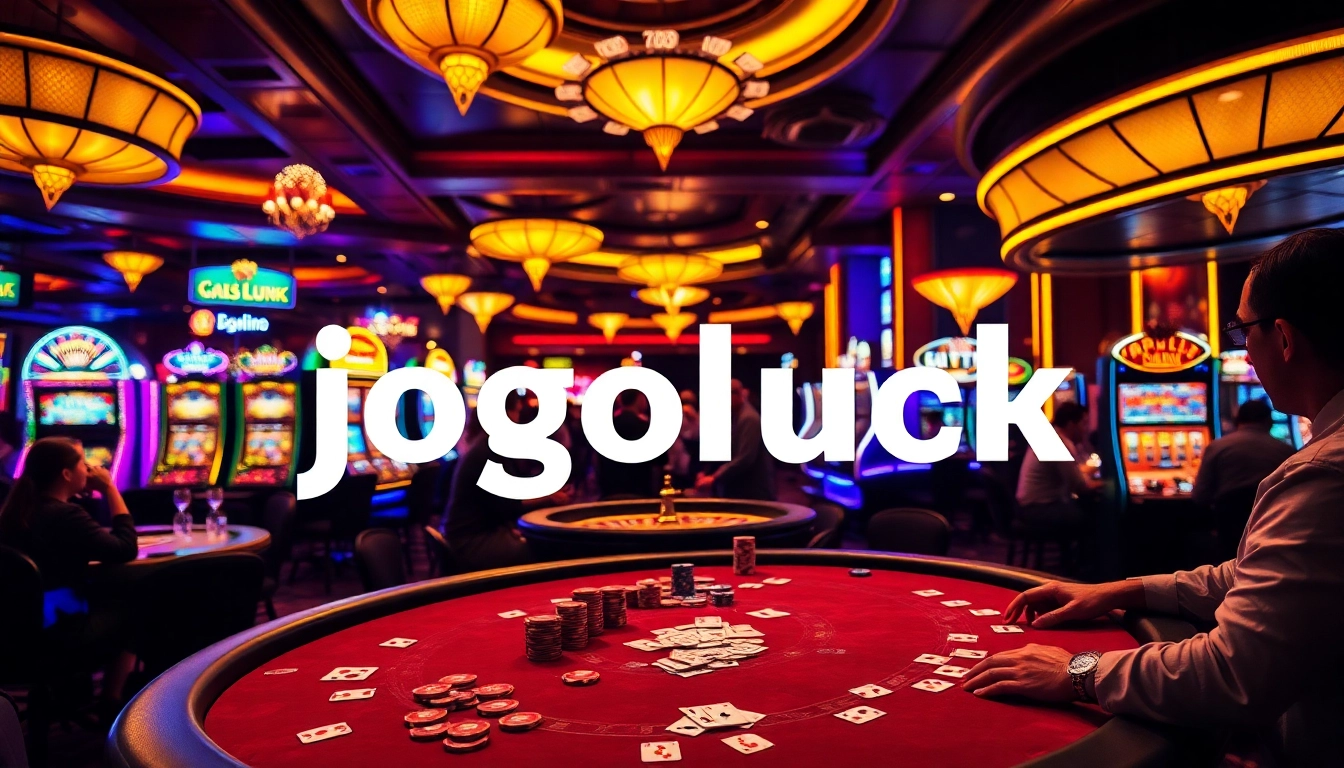 Engage in the exhilarating experience at Jogoluck's vibrant casino, featuring poker tables, slot machines, and thrilling betting actions.