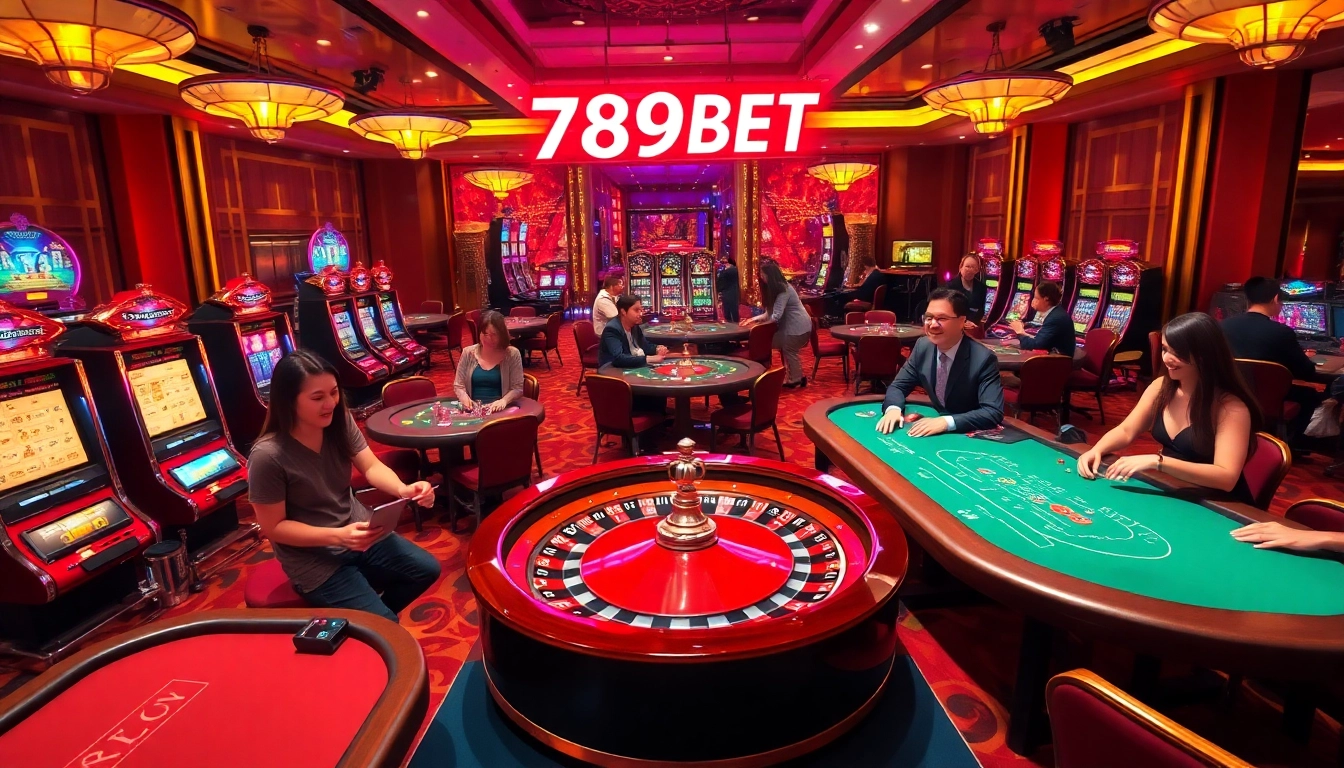 "Enjoy the exhilarating atmosphere of 789BET's casino scene filled with players at blackjack tables and vibrant slot machines."