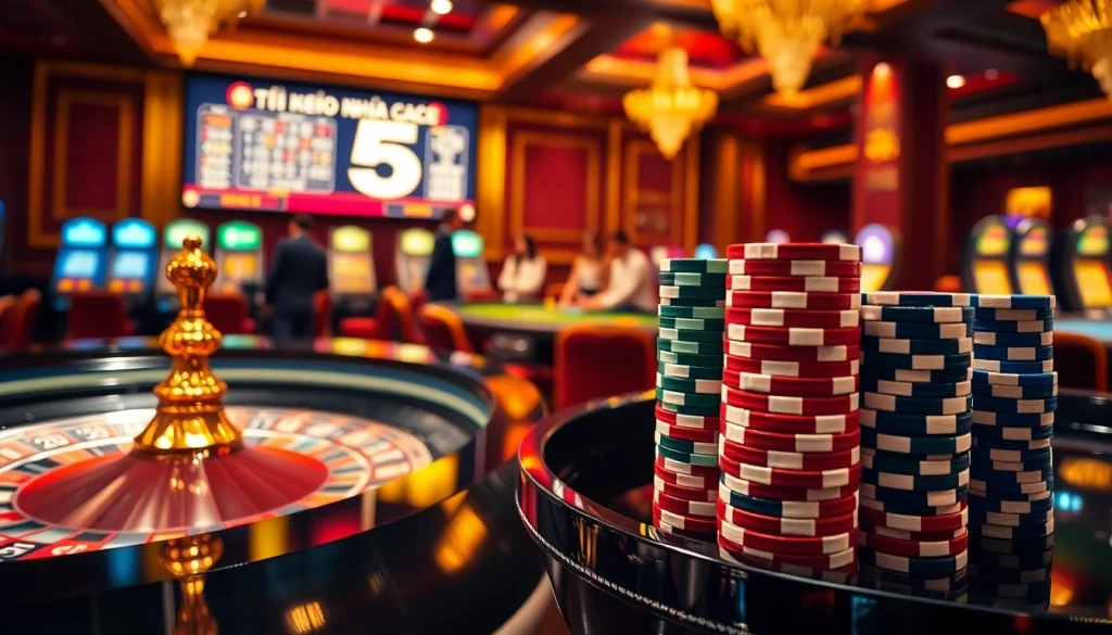 The image illustrates a thrilling casino scene showcasing tỷ lệ kèo nhà cái 5 as players engage in intense betting at a roulette table.
